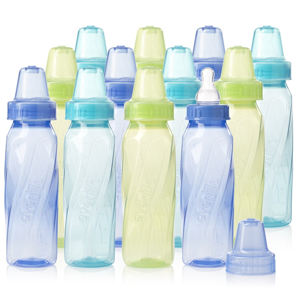 Evenflo Feeding Classic Tinted Plastic Standard Neck Bottles for Baby, Infant and Newborn - Teal/Green/Blue, 8 Ounce (Pack of 12)-0