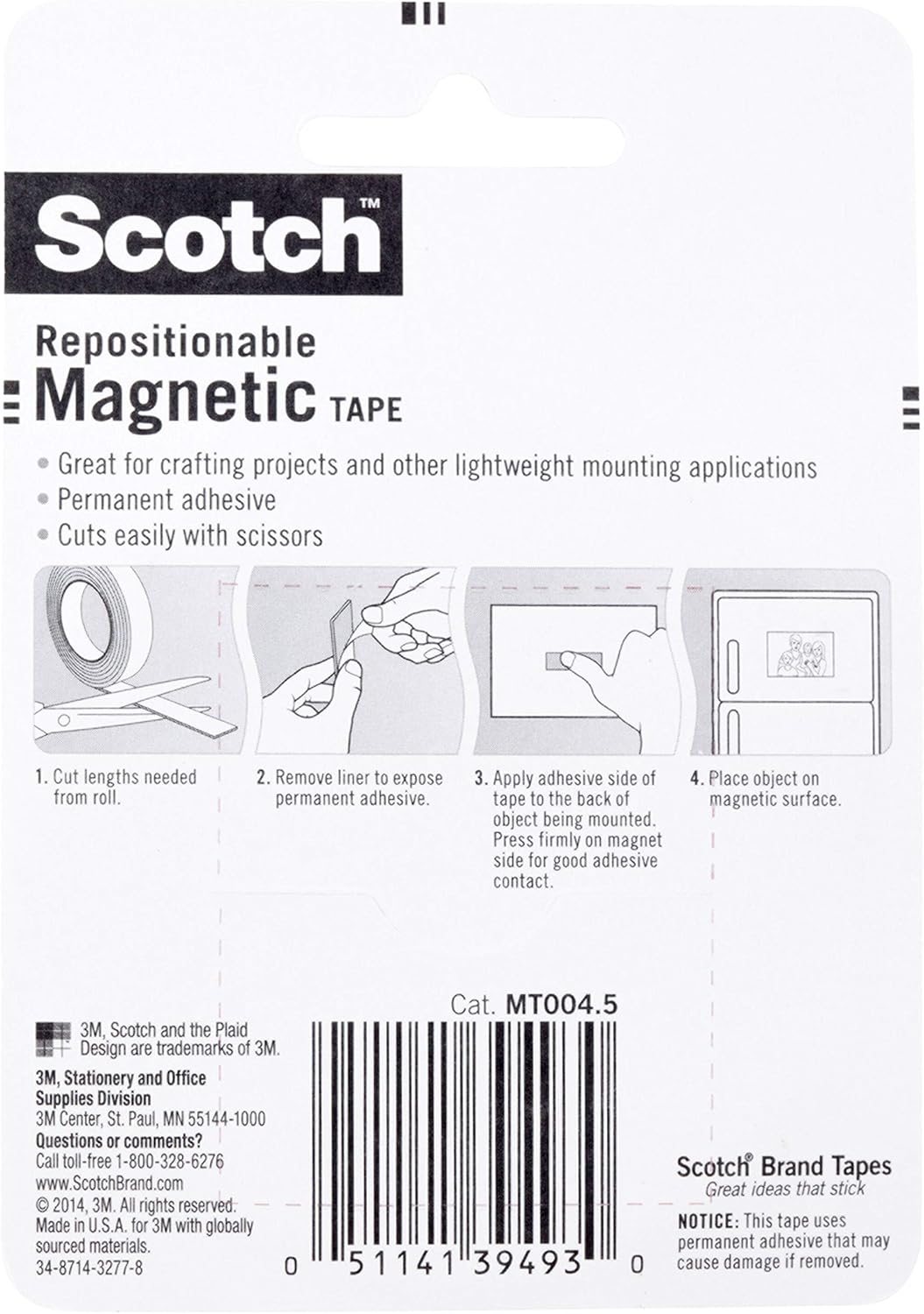 Scotch Magnetic Tape, 1/2 inch x 48 inch (4 Ft), Self-Permanent Adhesive, Cuts Easily With Scissors, Will Not Curl After Mounting, Easy-to-Apply Design (MT004.5S)-3