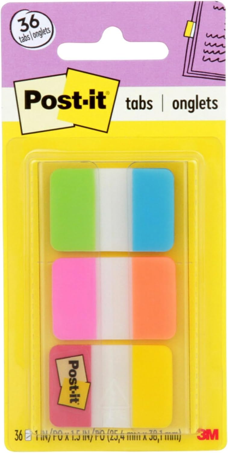 Post-it Tabs, 1 in Solid, Aqua, Yellow, Pink, Red, Green, Orange, 6/Color, 36/Dispenser (686-ALOPRYT)-0