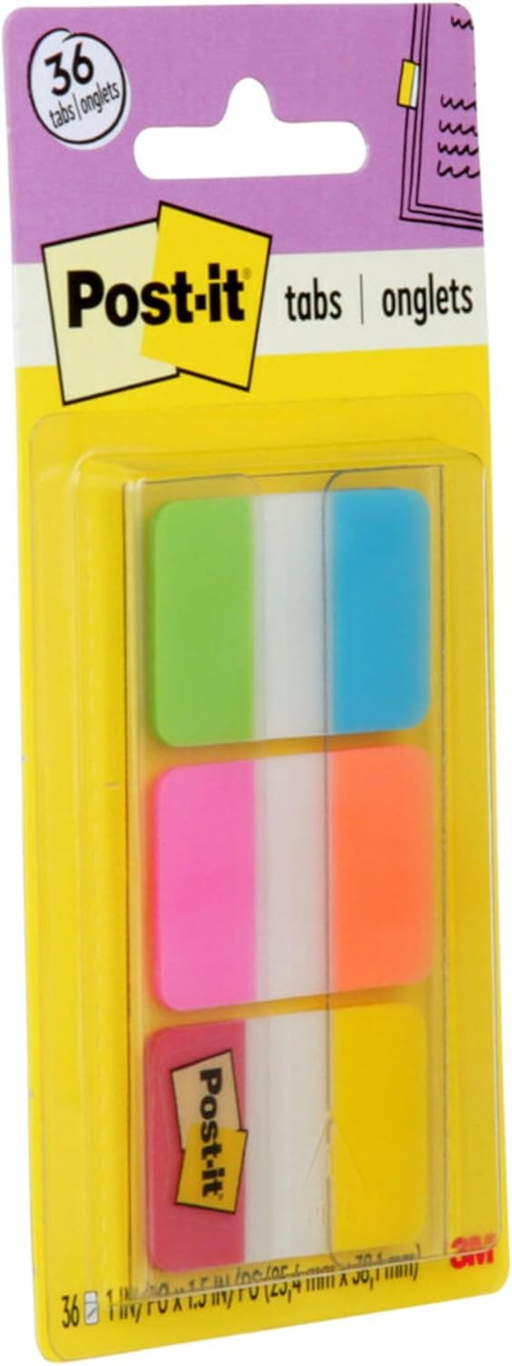 Post-it Tabs, 1 in Solid, Aqua, Yellow, Pink, Red, Green, Orange, 6/Color, 36/Dispenser (686-ALOPRYT)-1