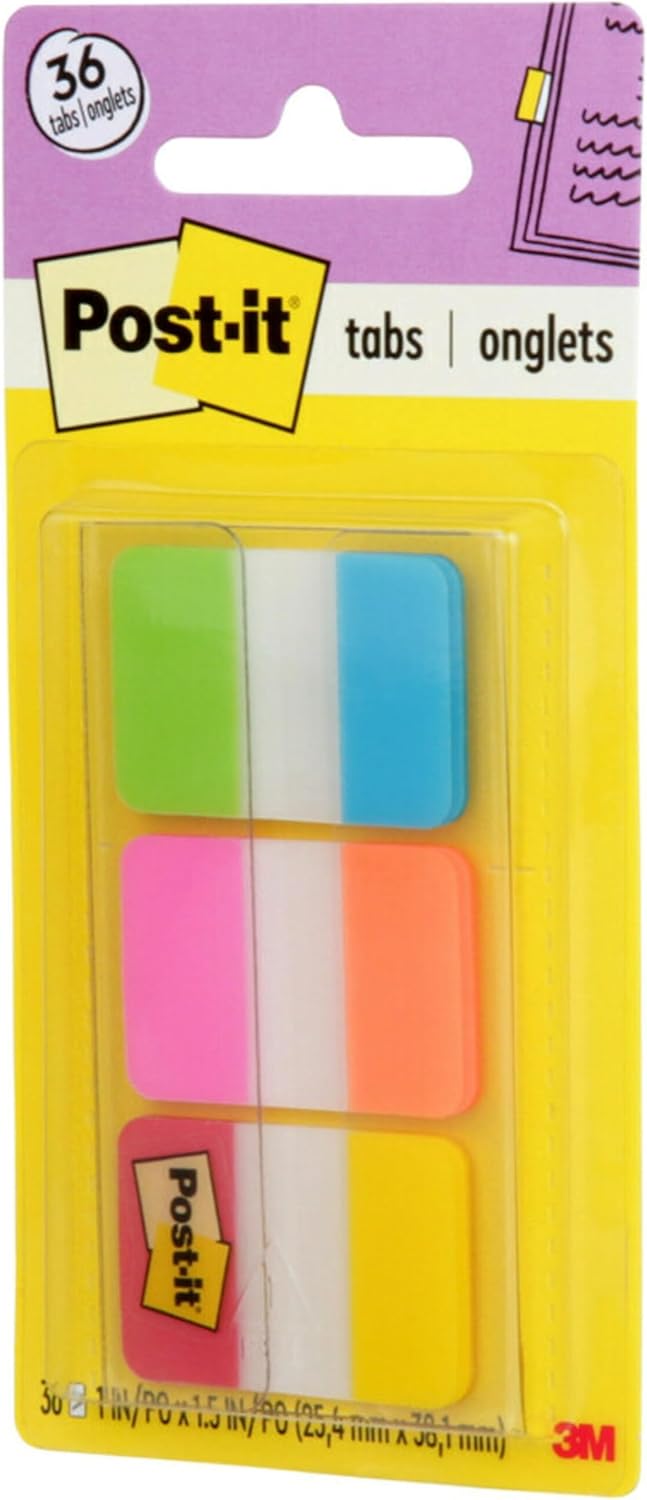 Post-it Tabs, 1 in Solid, Aqua, Yellow, Pink, Red, Green, Orange, 6/Color, 36/Dispenser (686-ALOPRYT)-2