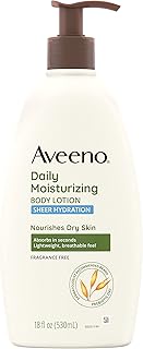 Aveeno Sheer Hydration Daily Moisturizing Fragrance-Free Lotion with Nourishing Prebiotic Oat, Fast-Absorbing Body Moisturizer for Dry Skin with Lightweight, Breathable Feel, 18 fl. oz