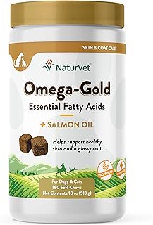 NaturVet – Omega-Gold Plus Salmon Oil | Supports Healthy Skin & Glossy Coat | Enhanced with DHA, EPA, Omega-3 & Omega-6 | for Dogs & Cats | 180 Soft Chews