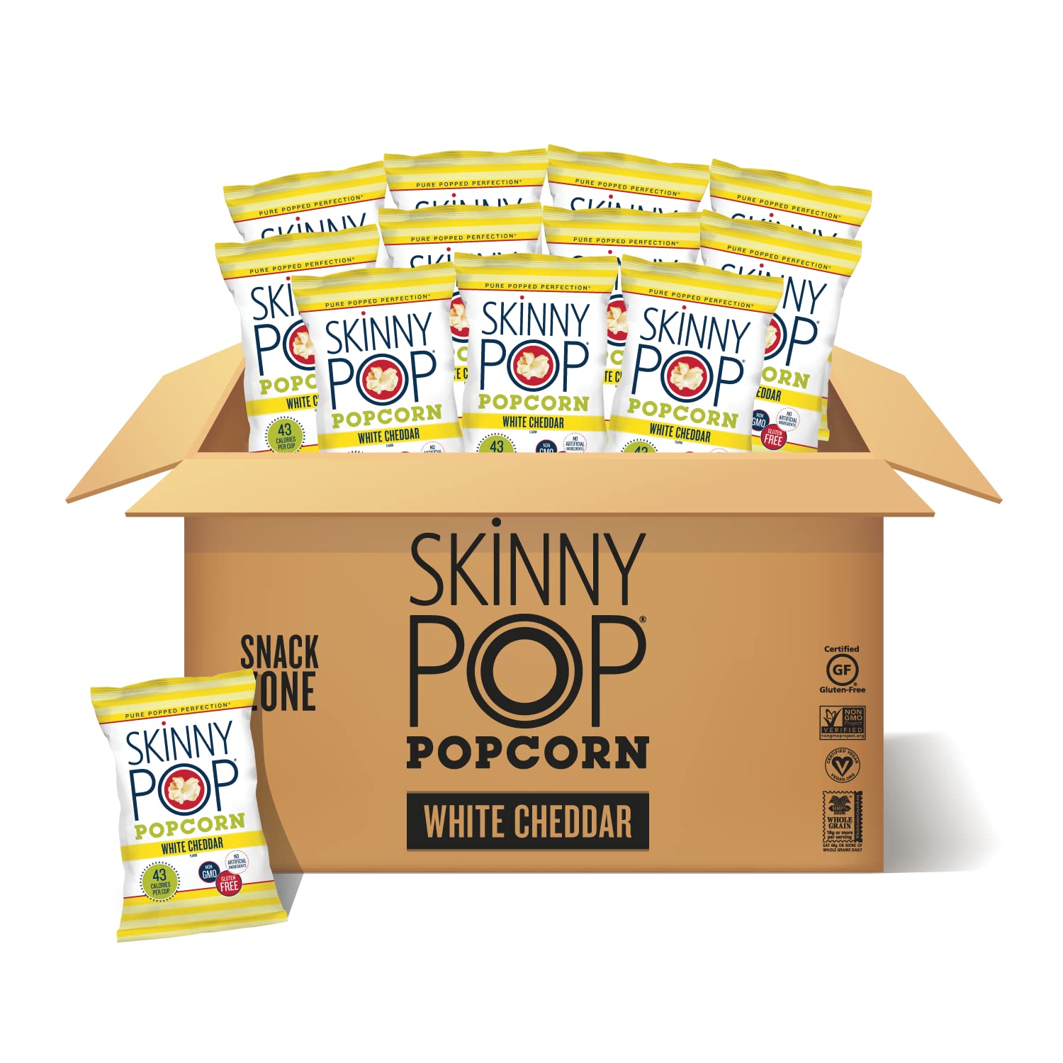 SkinnyPop Popcorn, Gluten Free, Non-GMO, Healthy Snacks, Skinny Pop Dairy Free White Cheddar Popcorn, 1oz Individual Size Snack Bags (12 Count)-0