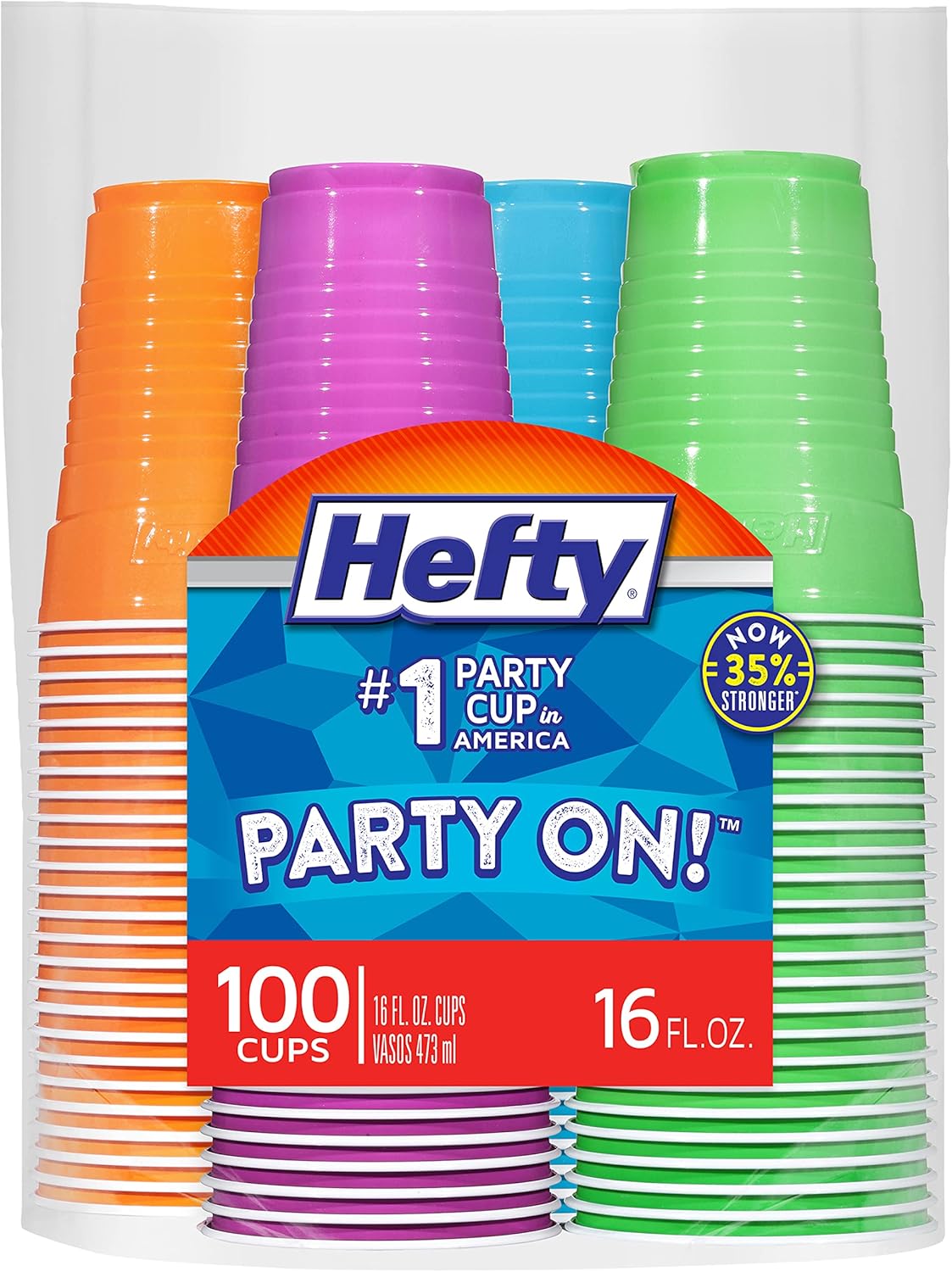 Hefty Party On Disposable Plastic Cups, Assorted, 16 Ounce, 100 Count-0