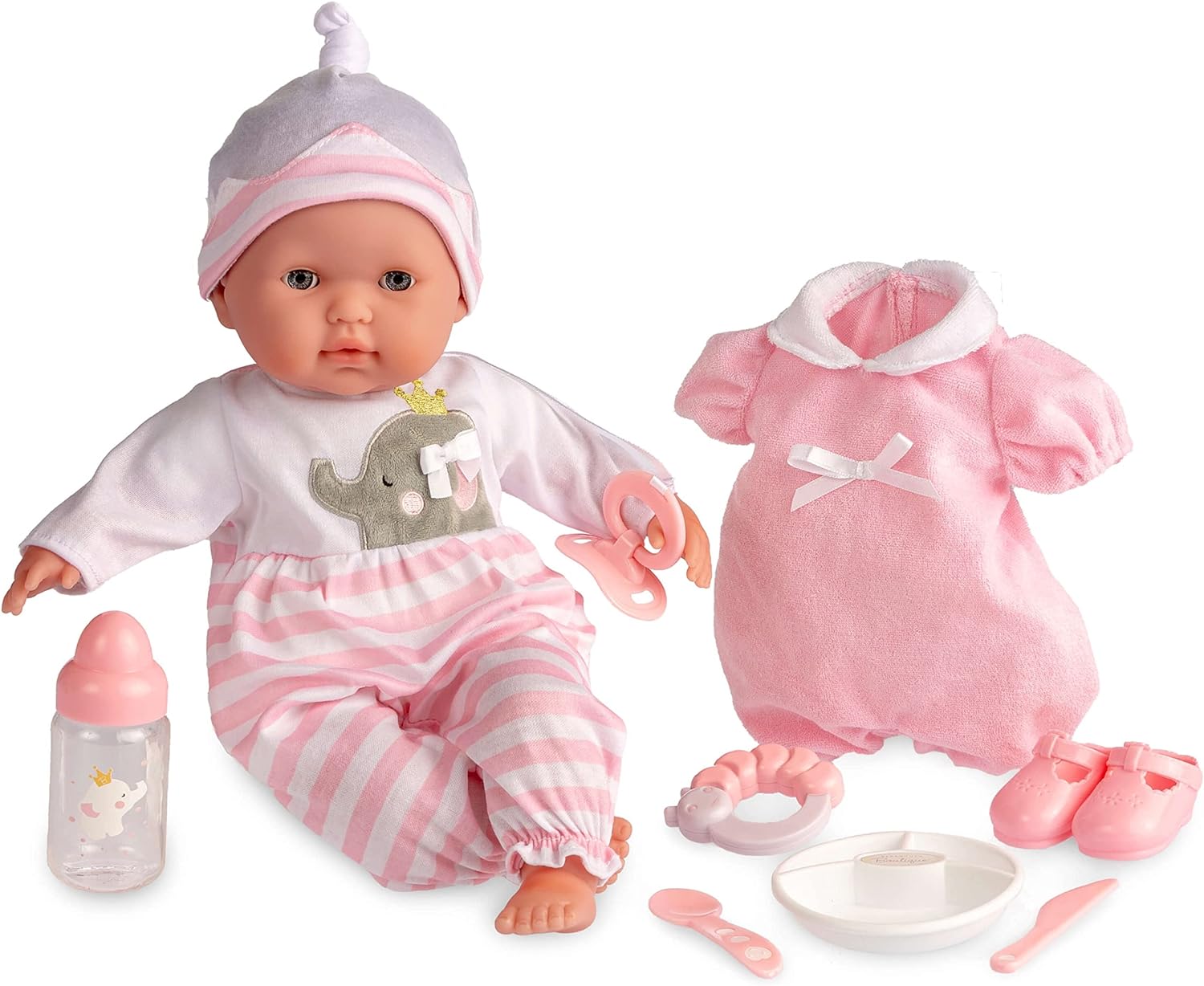 15" Realistic Soft Body Baby Doll with Open/Close Eyes | JC Toys - Berenguer Boutique | 10 Piece Gift Set with Bottle, Rattle, Pacifier & Accessories | Pink | Ages 2+-0