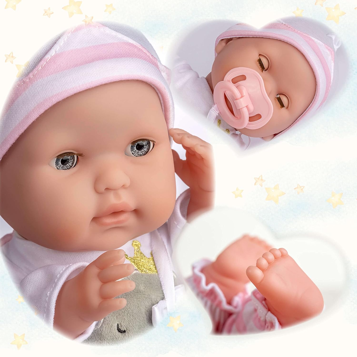 15" Realistic Soft Body Baby Doll with Open/Close Eyes | JC Toys - Berenguer Boutique | 10 Piece Gift Set with Bottle, Rattle, Pacifier & Accessories | Pink | Ages 2+-1