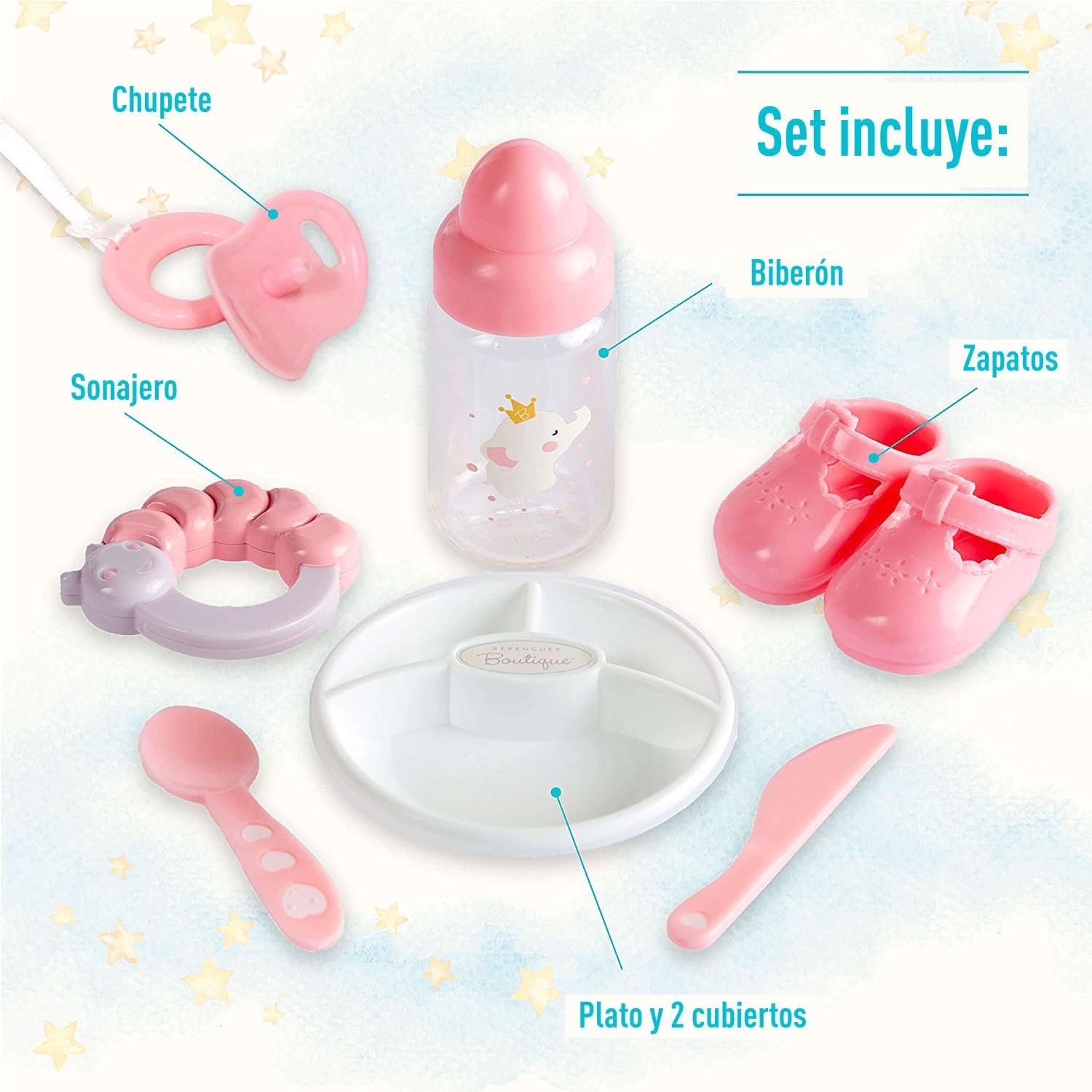 15" Realistic Soft Body Baby Doll with Open/Close Eyes | JC Toys - Berenguer Boutique | 10 Piece Gift Set with Bottle, Rattle, Pacifier & Accessories | Pink | Ages 2+-2