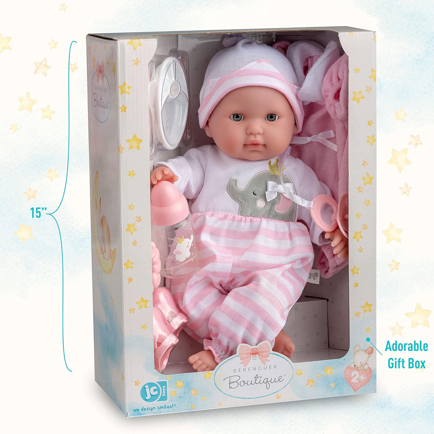 15" Realistic Soft Body Baby Doll with Open/Close Eyes | JC Toys - Berenguer Boutique | 10 Piece Gift Set with Bottle, Rattle, Pacifier & Accessories | Pink | Ages 2+-5