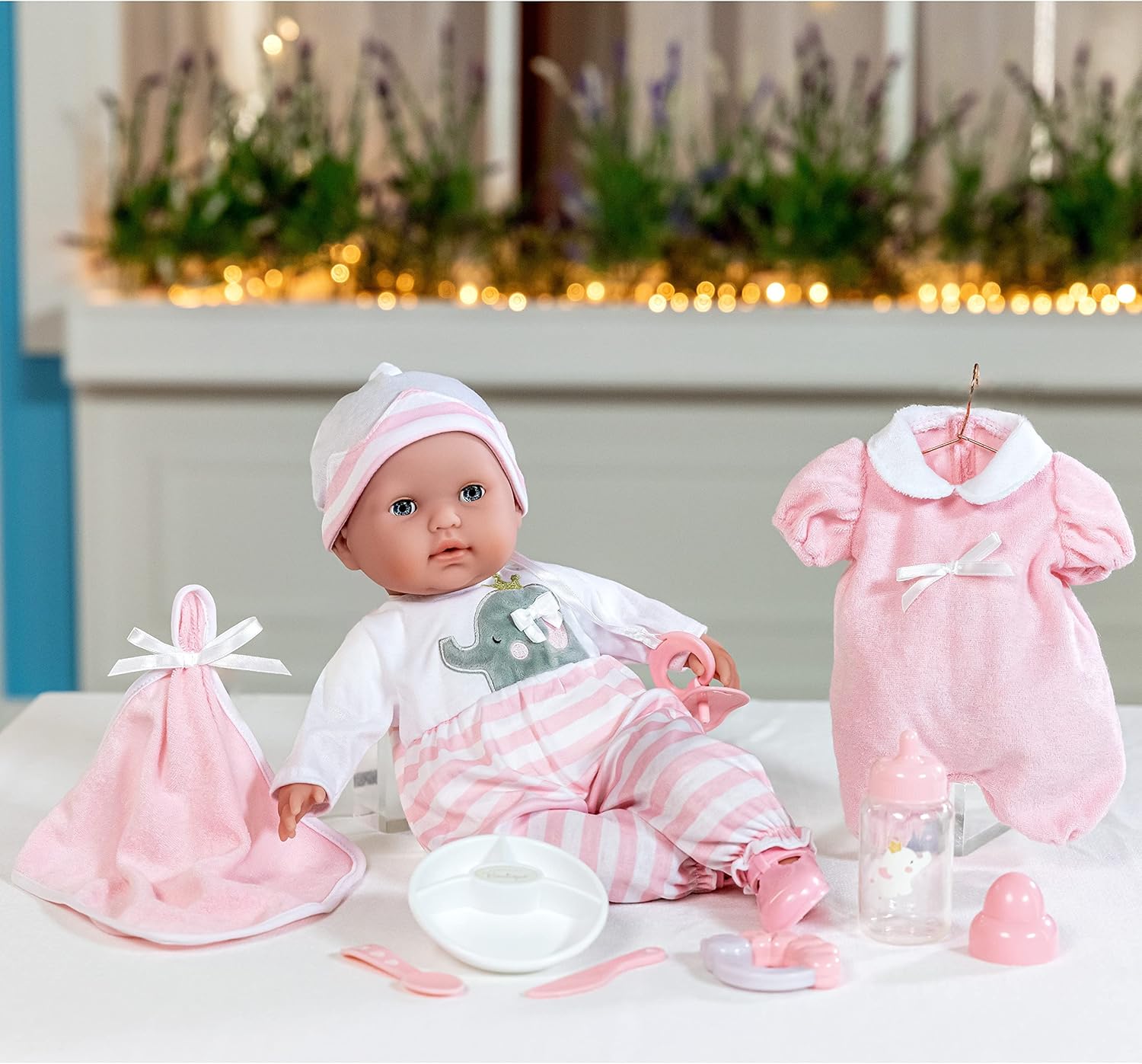 15" Realistic Soft Body Baby Doll with Open/Close Eyes | JC Toys - Berenguer Boutique | 10 Piece Gift Set with Bottle, Rattle, Pacifier & Accessories | Pink | Ages 2+-6