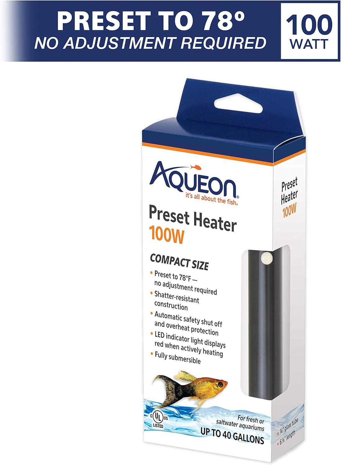 Aqueon Aquarium Fish Tank Preset Heater For Up To 40 Gallons, 100 Watts-1