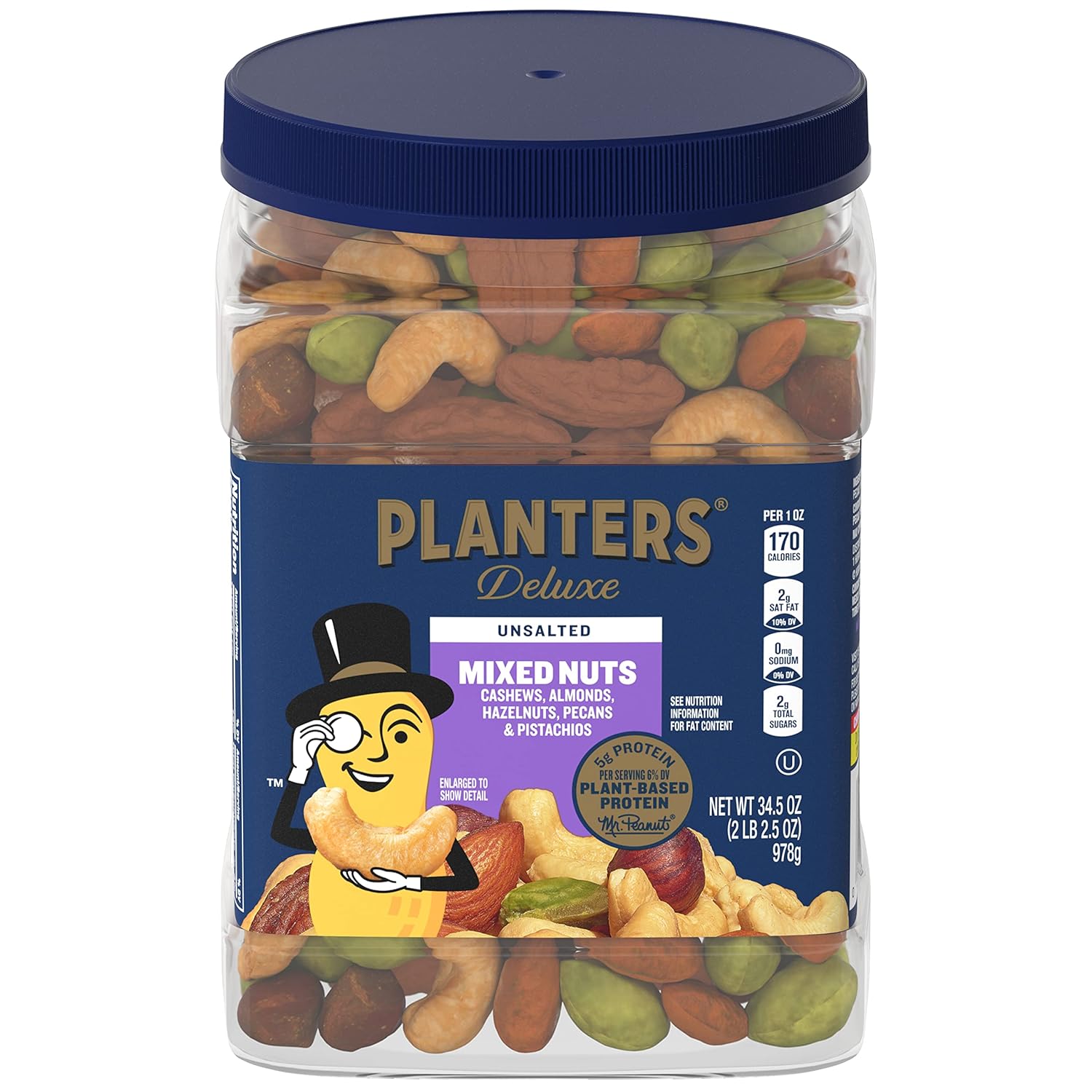 PLANTERS Unsalted Mixed Nuts, Cashews, Almonds, Hazelnuts, Pecans, Pistachios no Shell, Party Snacks, Plant-Based Protein, Quick Snack for Adults, After School Snack, Kosher, 34.5 Oz Container-0