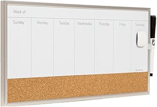 U Brands Magnetic Dry Erase Weekly Calendar Board With Cork Strip, 18"x7.5", Silver Aluminum Frame, Includes Magnet, Marker