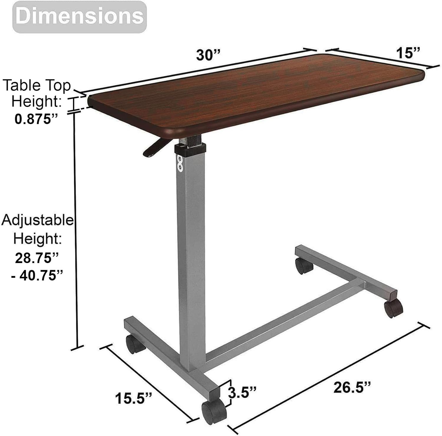 Vaunn Adjustable Overbed Bedside Table With Wheels (Hospital and Home Use), Walnut Brown-2