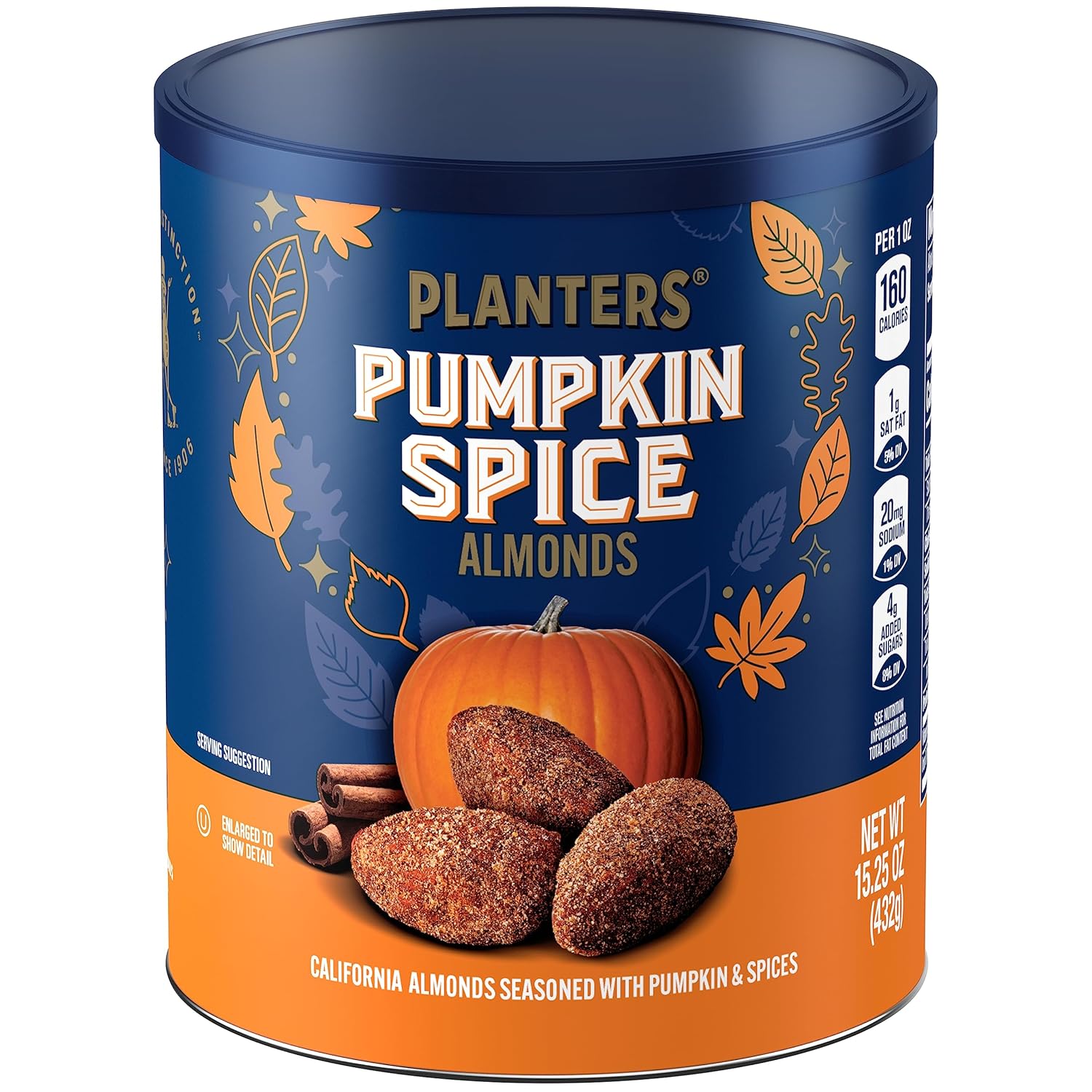 PLANTERS Fall Edition Pumpkin Spice Almonds, Pumpkin Spice Snacks, Cooking & Baking Nuts & Seeds, Flavored Almonds, Seasonal Nuts, Fall Party Snacks, Plant-Based Protein, 15.25 oz Canister-0