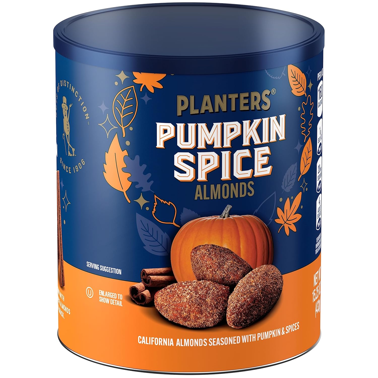 PLANTERS Fall Edition Pumpkin Spice Almonds, Pumpkin Spice Snacks, Cooking & Baking Nuts & Seeds, Flavored Almonds, Seasonal Nuts, Fall Party Snacks, Plant-Based Protein, 15.25 oz Canister-1