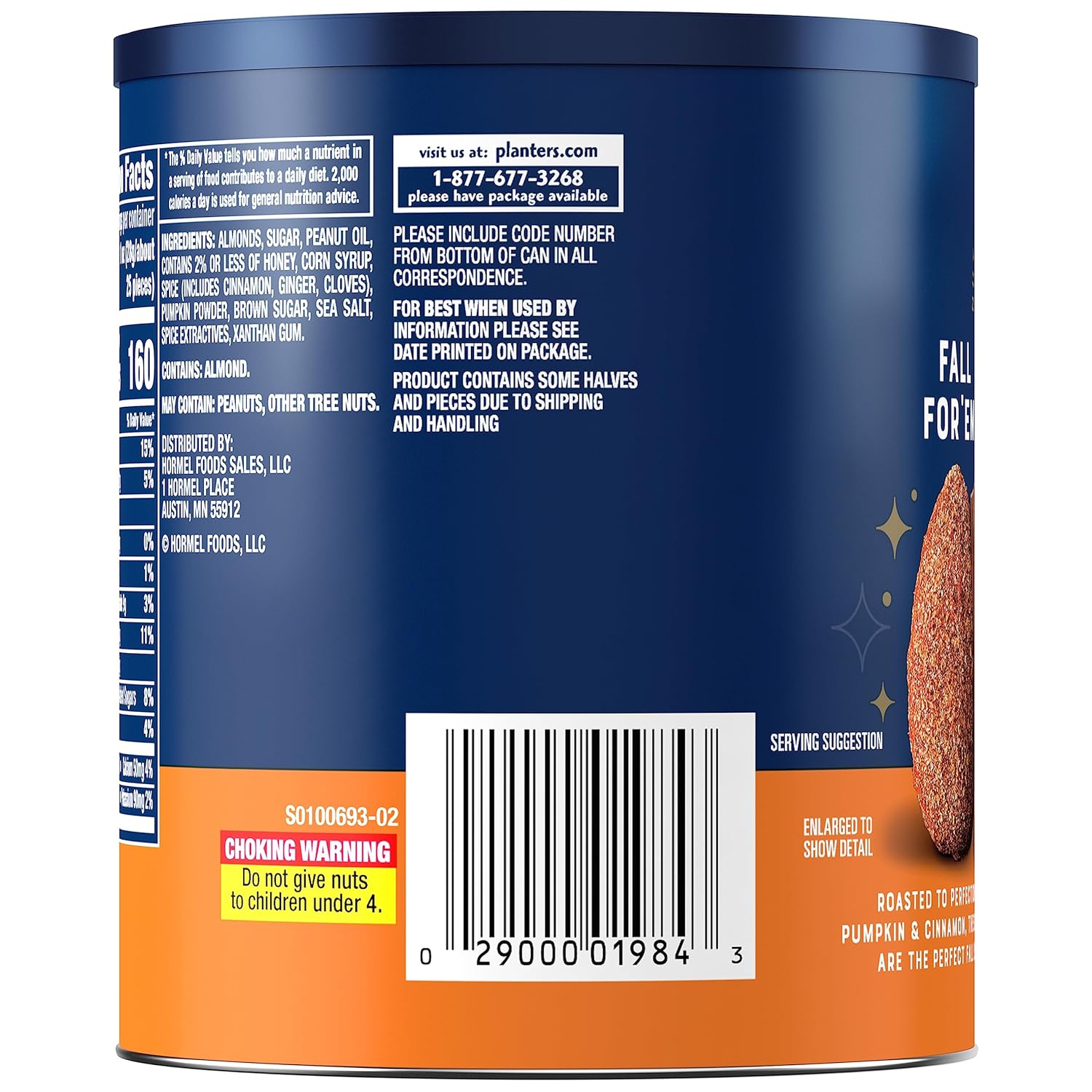 PLANTERS Fall Edition Pumpkin Spice Almonds, Pumpkin Spice Snacks, Cooking & Baking Nuts & Seeds, Flavored Almonds, Seasonal Nuts, Fall Party Snacks, Plant-Based Protein, 15.25 oz Canister-3