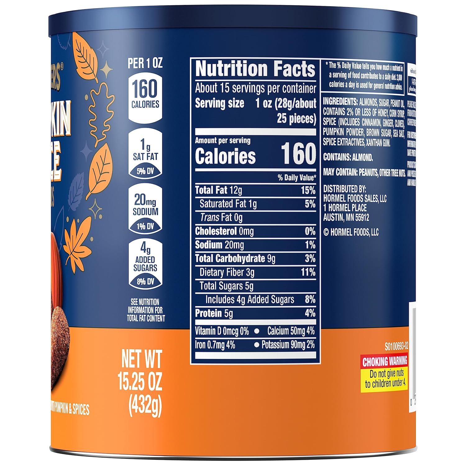 PLANTERS Fall Edition Pumpkin Spice Almonds, Pumpkin Spice Snacks, Cooking & Baking Nuts & Seeds, Flavored Almonds, Seasonal Nuts, Fall Party Snacks, Plant-Based Protein, 15.25 oz Canister-4