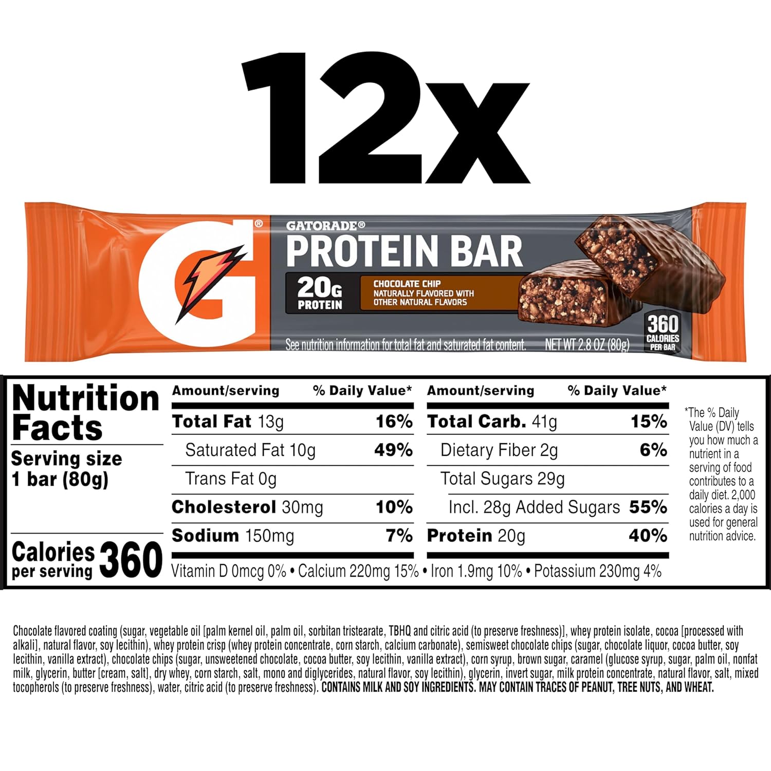 Gatorade Whey Protein Recover Bars, Chocolate Chip, 2.8 ounce(Pack of 12)-1