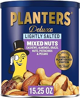 PLANTERS Deluxe Lightly Salted Mixed Nuts, Almonds, Cashews, Brazil Nuts, Pistachios and Pecans, Party Snacks, Plant-Based Protein, Quick Snack for Adults, After School Snack, 15.25oz Canister