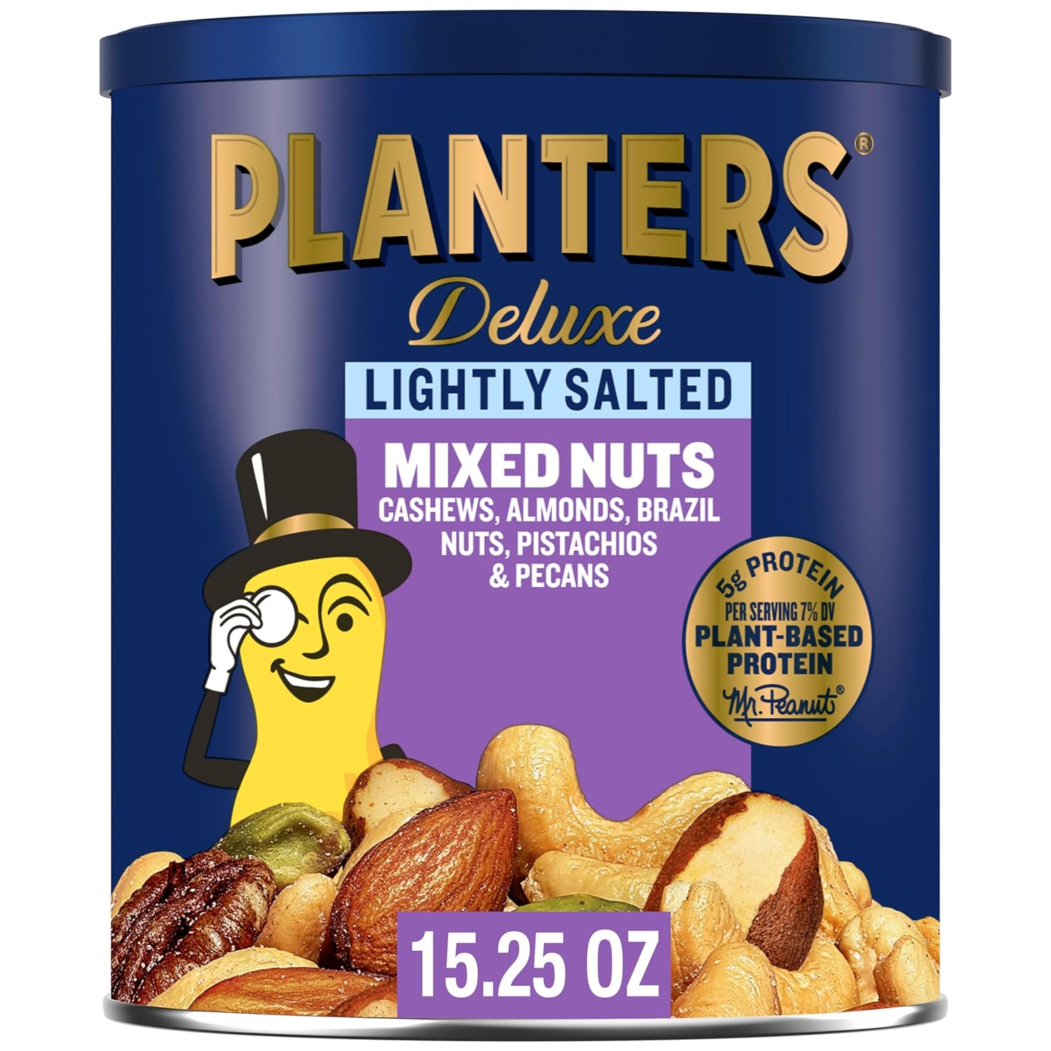 PLANTERS Deluxe Lightly Salted Mixed Nuts, Almonds, Cashews, Brazil Nuts, Pistachios and Pecans, Party Snacks, Plant-Based Protein, Quick Snack for Adults, After School Snack, 15.25oz Canister-0