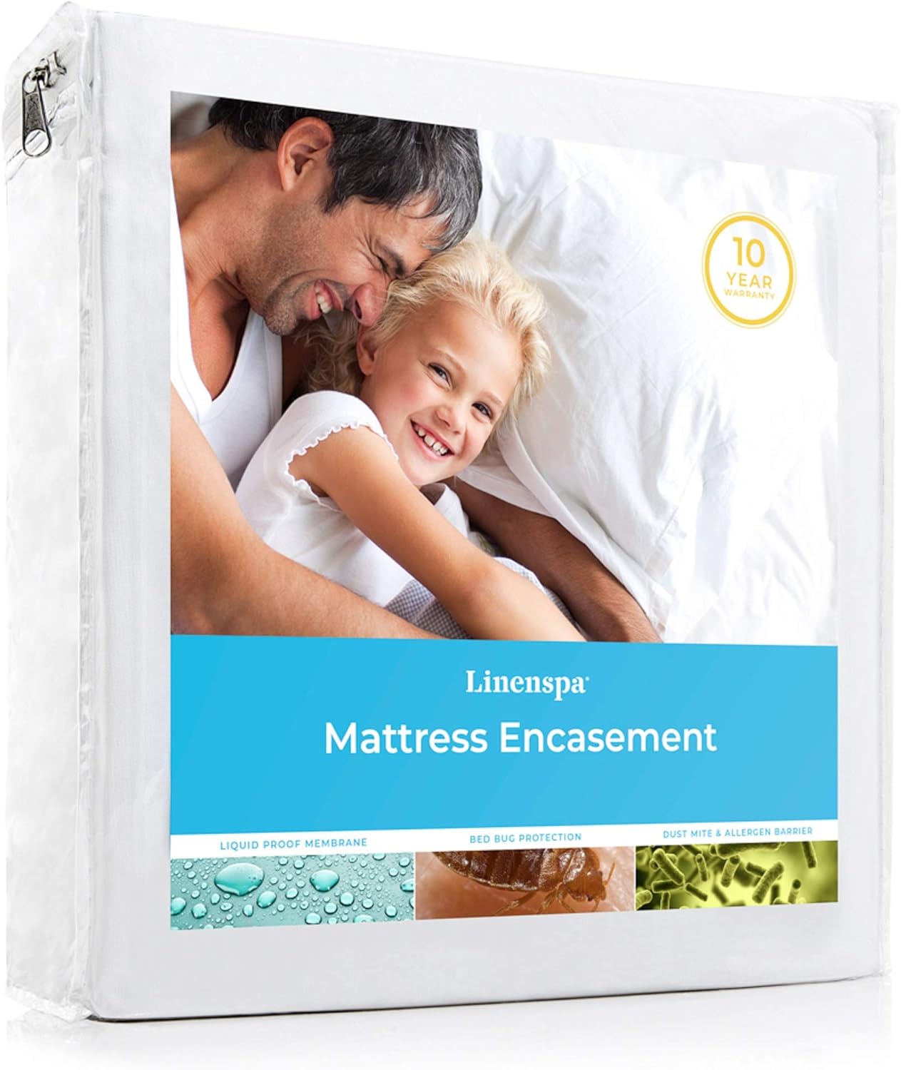 Linenspa Zippered Waterproof Mattress Encasement, Twin, Twin, White-0