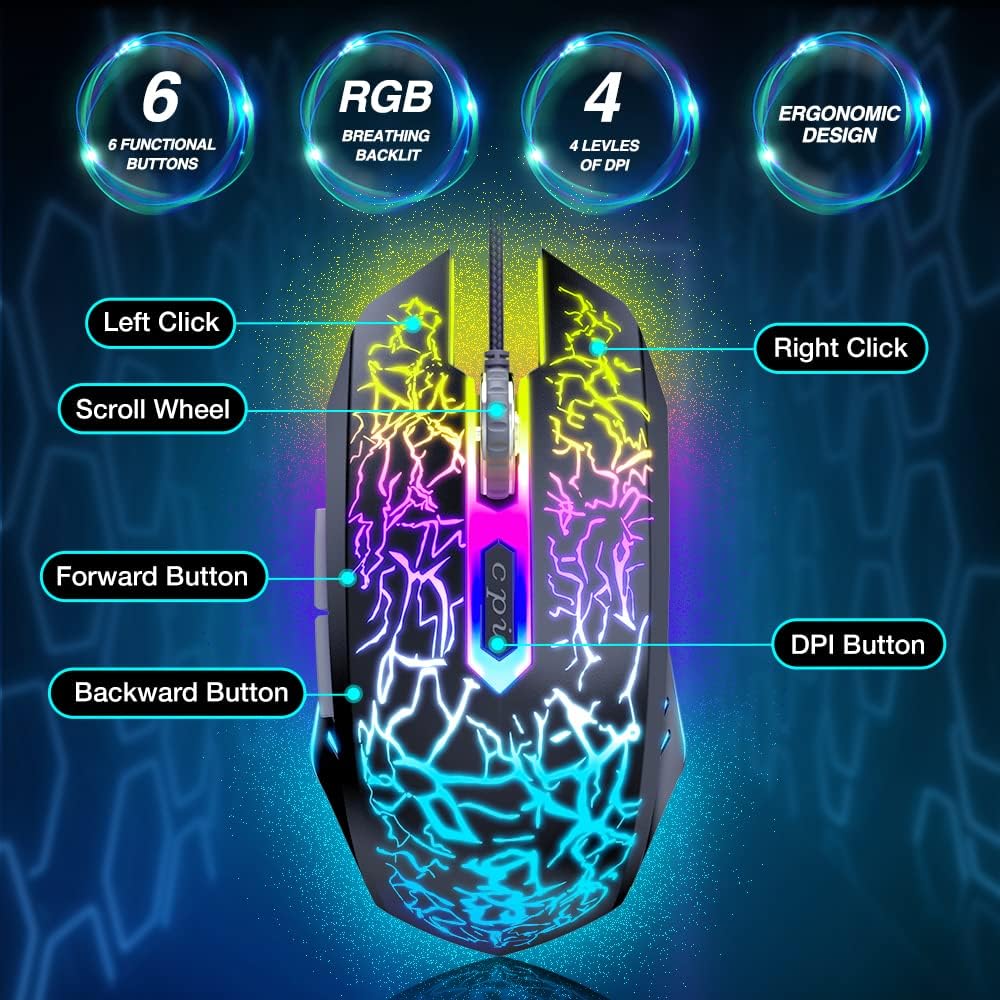 BENGOO Gaming Mouse Wired, Ergonomic Gamer Laptop PC Optical Computer Mice with RGB Backlit, 4 Adjustable DPI Up to 3600, 6 Programmable Buttons for Windows 7/8/10/XP Vista Linux -Black-2