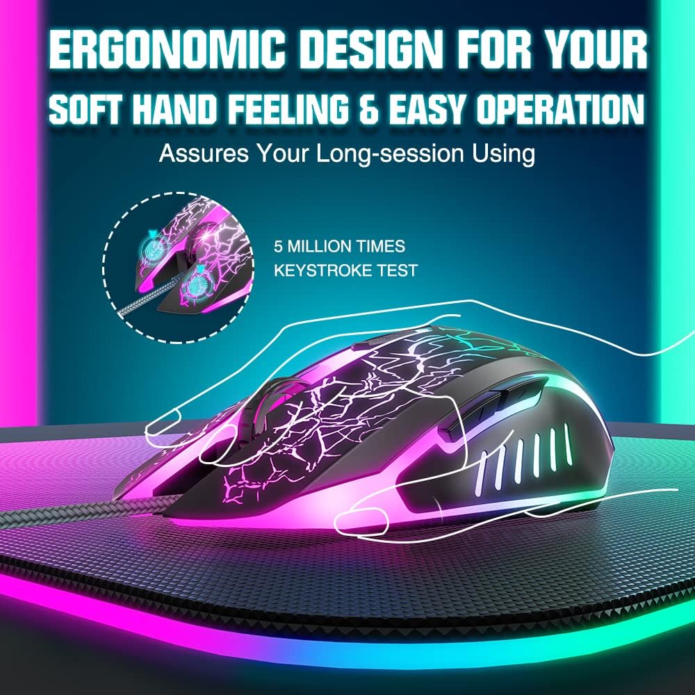 BENGOO Gaming Mouse Wired, Ergonomic Gamer Laptop PC Optical Computer Mice with RGB Backlit, 4 Adjustable DPI Up to 3600, 6 Programmable Buttons for Windows 7/8/10/XP Vista Linux -Black-3