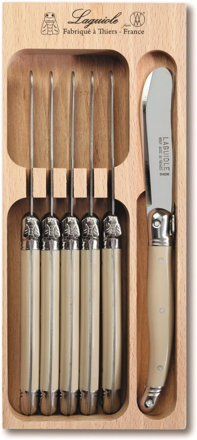 Laguiole Set of 6 Stainless Steel Butter Knives with Ivory Coloured Handle in Box-0