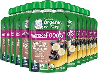 Gerber Organic Baby Food Pouches, 2nd Foods for Sitter, WonderFoods, Banana Blueberry Blackberry Oatmeal, 3.5 Ounce (Pack of 12)