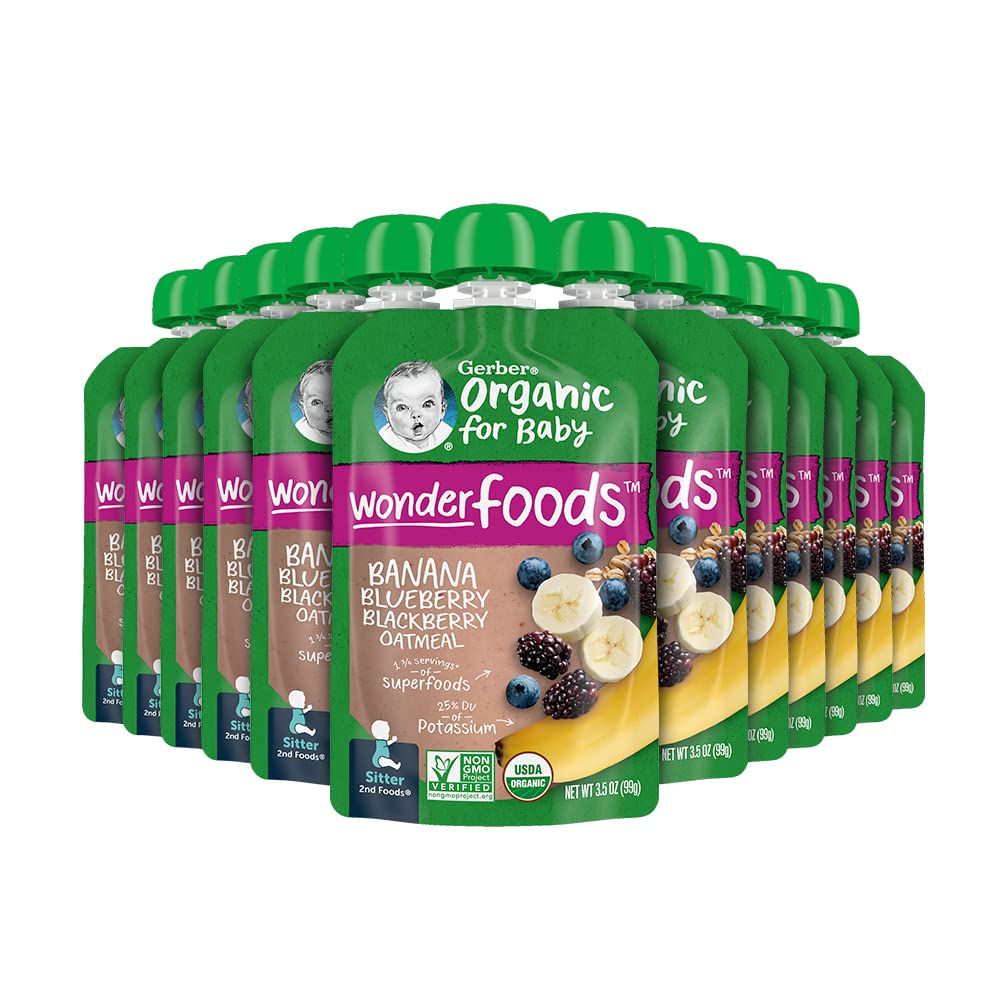 Gerber Organic Baby Food Pouches, 2nd Foods for Sitter, WonderFoods, Banana Blueberry Blackberry Oatmeal, 3.5 Ounce (Pack of 12)-0