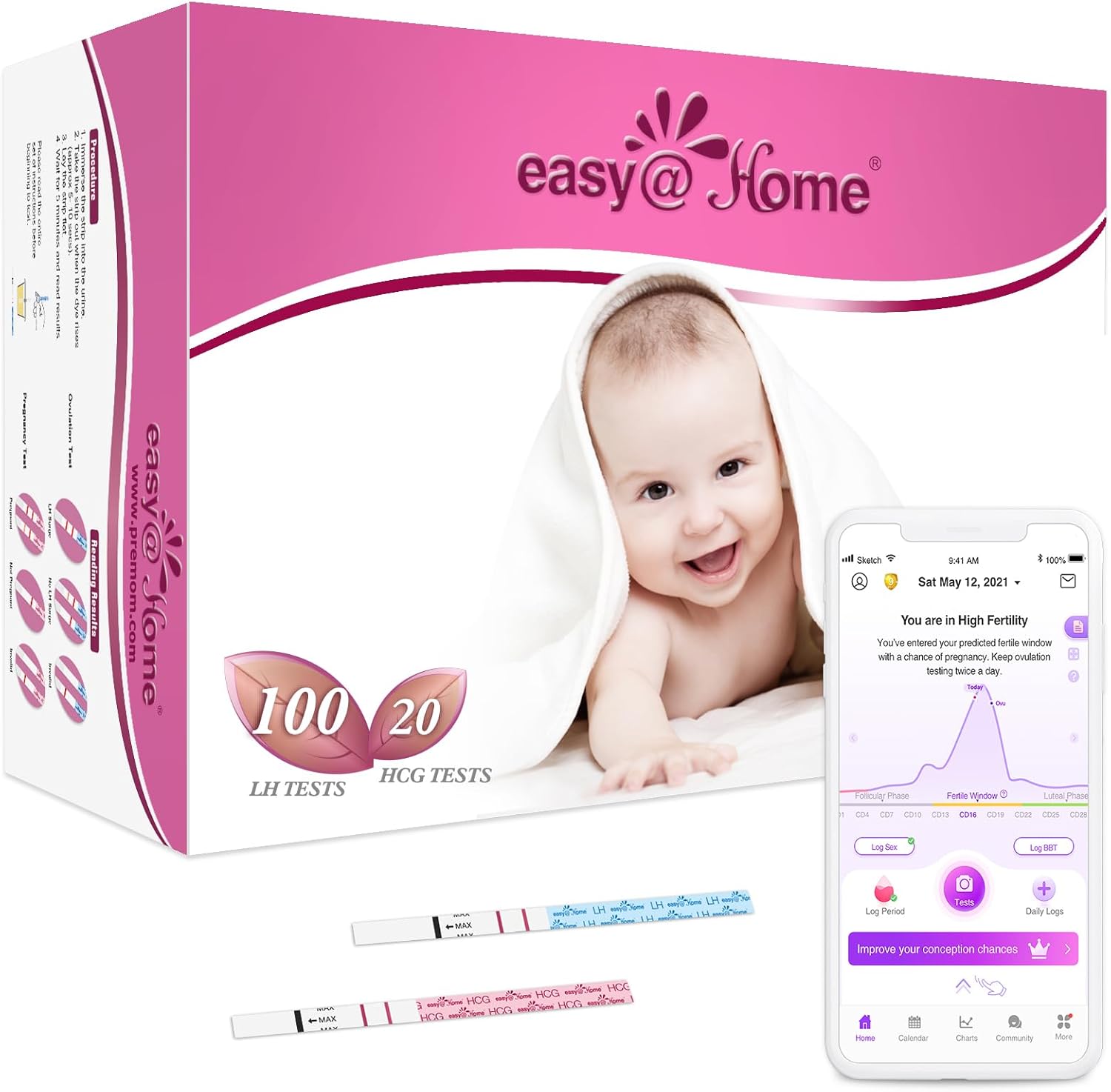 Easy@Home Ovulation Test Strips and Pregnancy Test Strips Combo Kit, Package May Vary (100LH+20HCG)-0