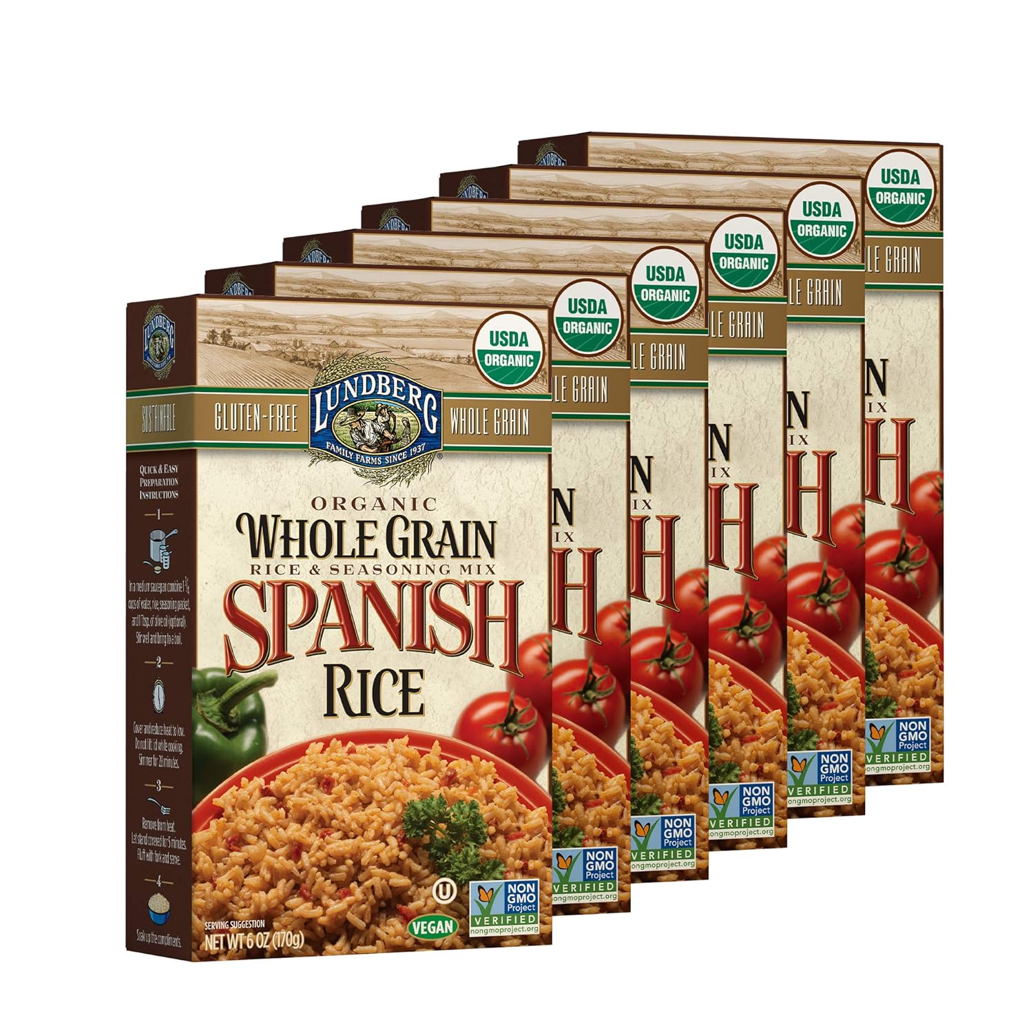 Lundberg Family Farms - Organic Whole Grain Spanish Rice, Zesty Blend, Side Dish, Pantry Staple, 100% Whole Grain, Non-GMO, Gluten-Free, USDA Certified Organic, Vegan, Kosher (6 oz, 6-Pack)-0