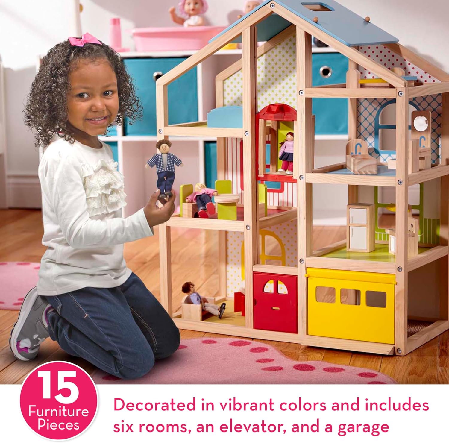 Melissa & Doug Hi-Rise Wooden Dollhouse With 15 pcs Furniture - Garage and Working Elevator-1