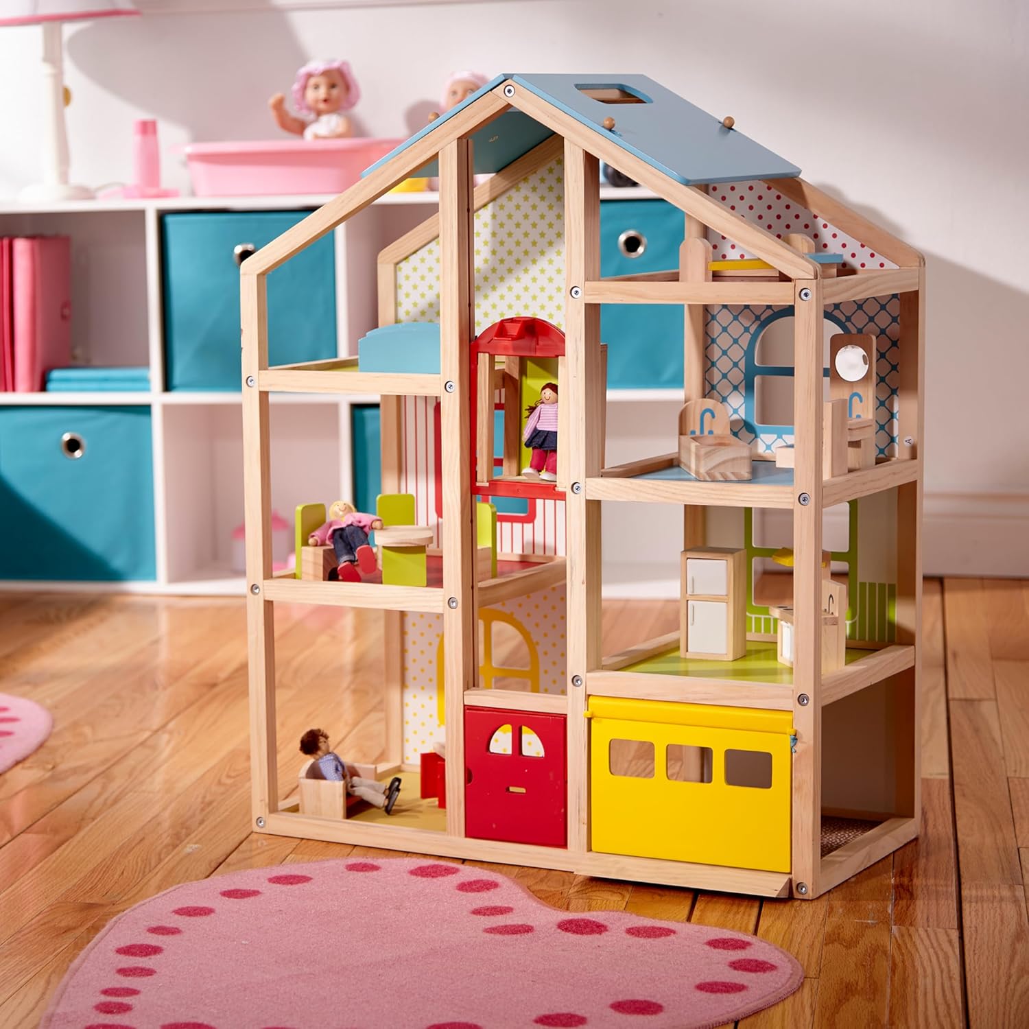 Melissa & Doug Hi-Rise Wooden Dollhouse With 15 pcs Furniture - Garage and Working Elevator-7