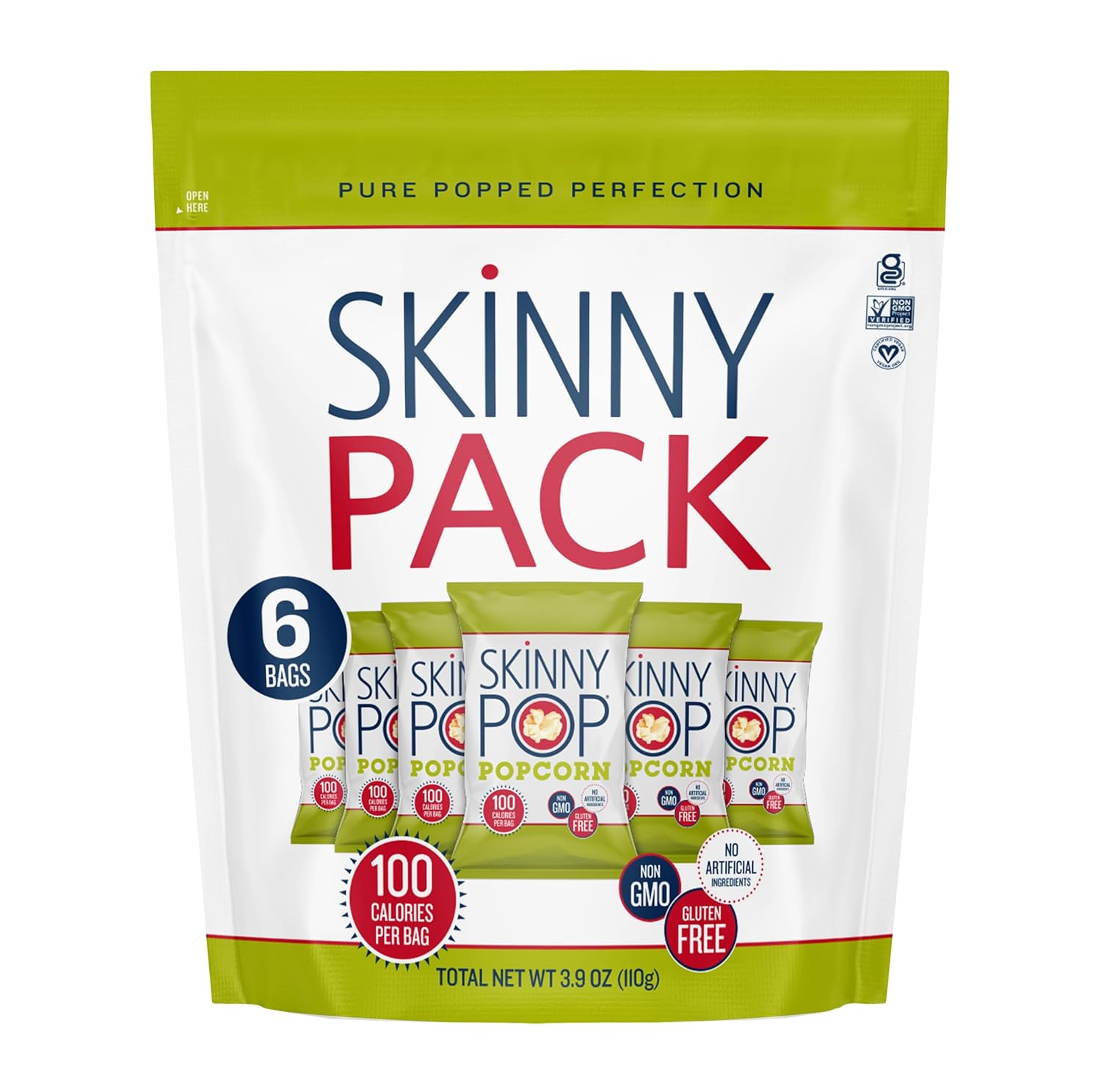 SkinnyPop Popcorn, Gluten Free, Dairy Free, Non-GMO, Healthy Snacks, Skinny Pop Original Popcorn Snack Packs, 0.65oz Individual Size Snack Bags (6 Count)-0