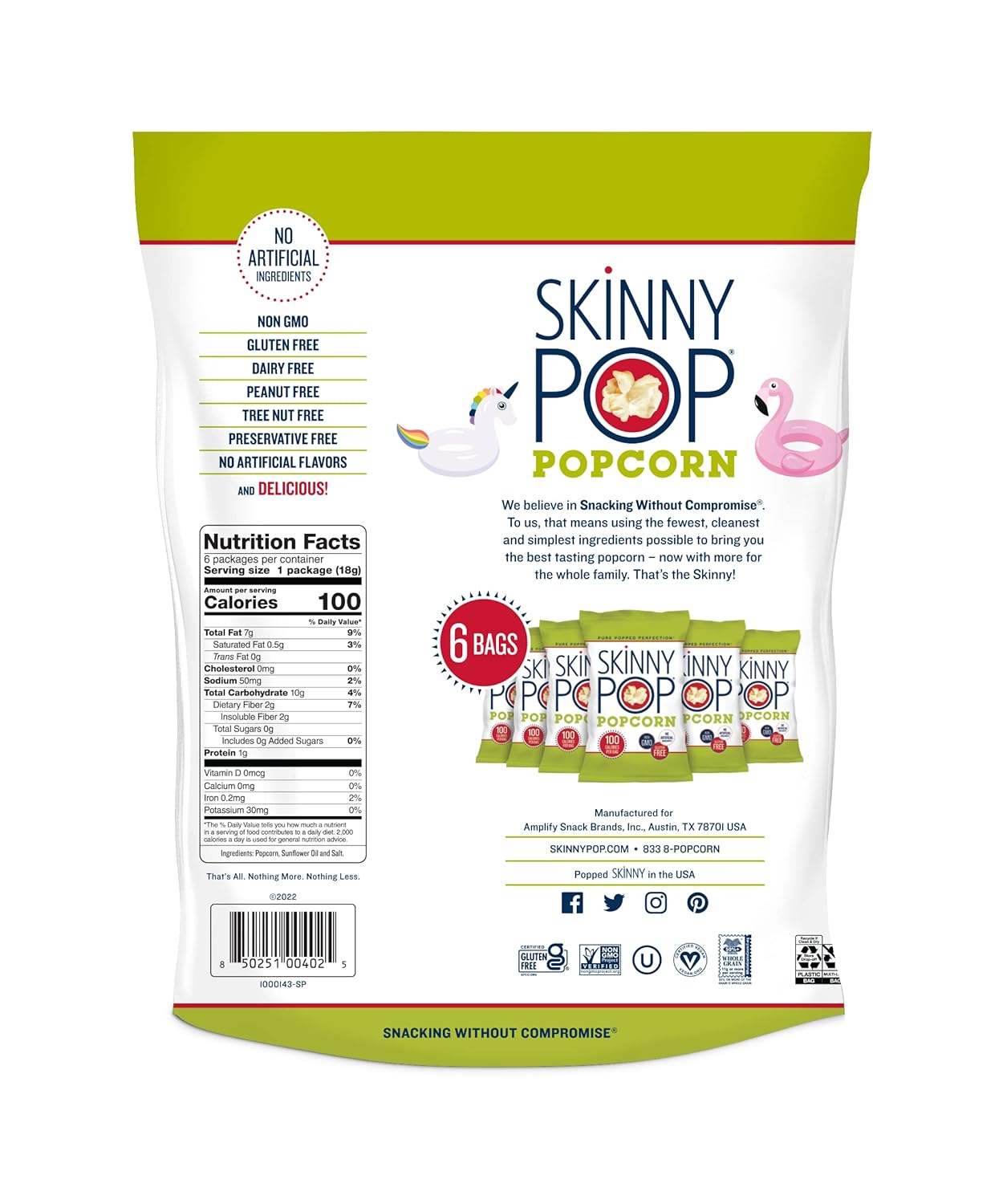 SkinnyPop Popcorn, Gluten Free, Dairy Free, Non-GMO, Healthy Snacks, Skinny Pop Original Popcorn Snack Packs, 0.65oz Individual Size Snack Bags (6 Count)-1