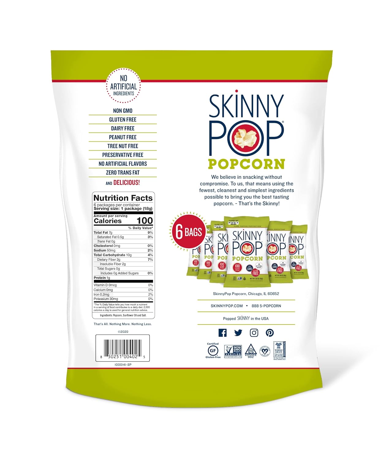 SkinnyPop Popcorn, Gluten Free, Dairy Free, Non-GMO, Healthy Snacks, Skinny Pop Original Popcorn Snack Packs, 0.65oz Individual Size Snack Bags (6 Count)-2