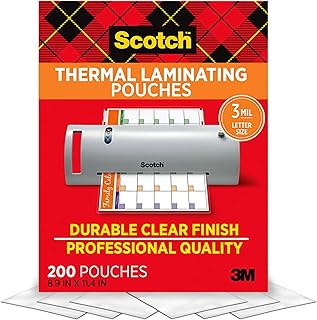 Scotch Thermal Laminating Pouches,200 Pack Laminating Sheets,3 Mil,8.9 x 11.4 Inches, Education Supplies & Craft Supplies, For Use With Thermal Laminators, Letter Size Sheets