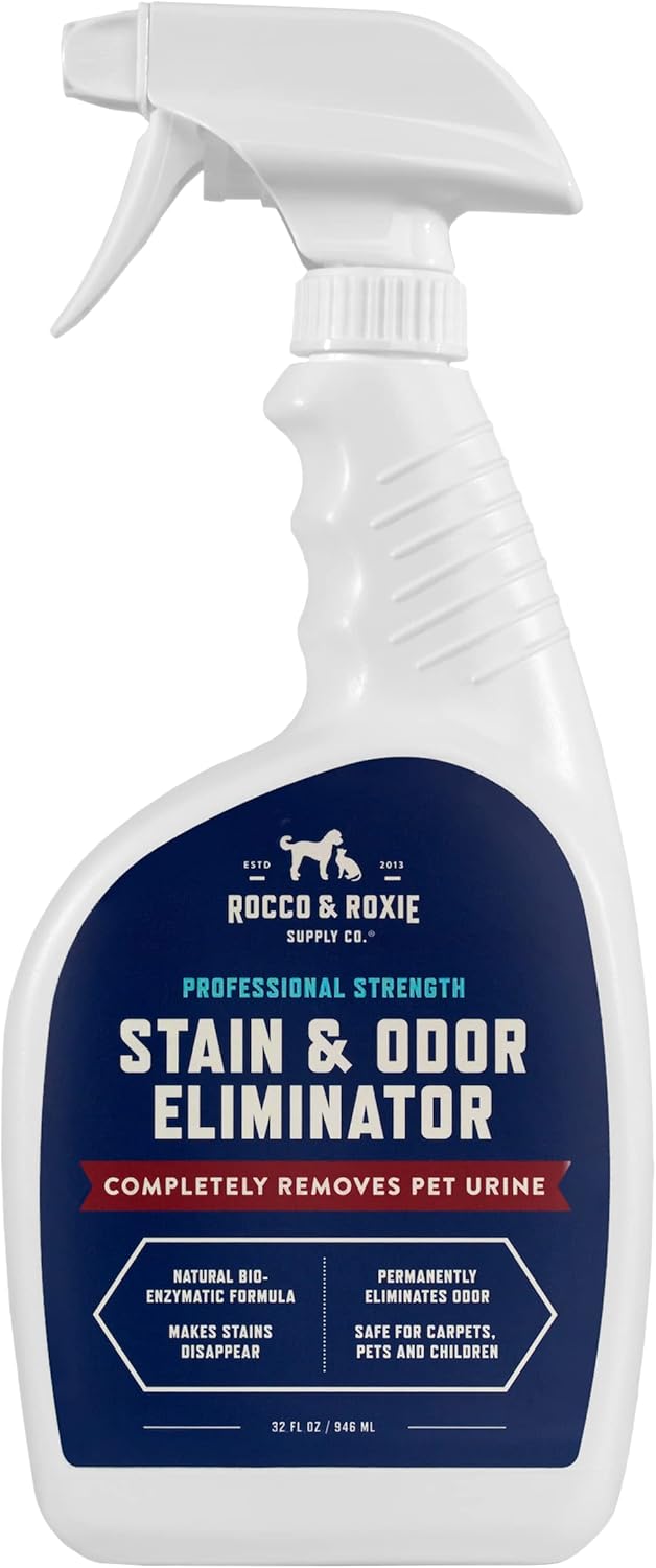 Rocco & Roxie Supply Co. Stain & Odor Eliminator for Strong Odor, 32oz Enzyme Pet Odor Eliminator for Home, Carpet Stain Remover for Cats & Dog Pee, Enzymatic Cat Urine Destroyer, Carpet Cleaner Spray-0