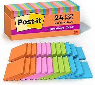 Post-it Super Sticky Notes, 3x3 in, 24 Pads, 2x the Sticking Power,Energy Boost Collection, Bright Colors (Orange, Pink, Blue, Green), Recyclable