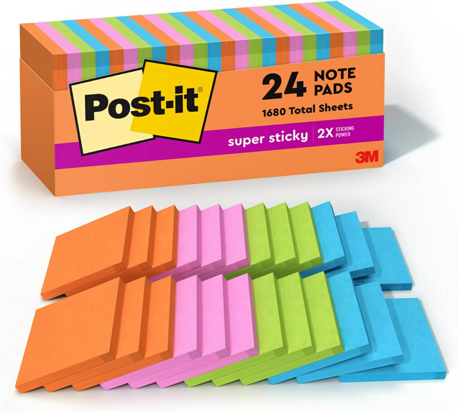 Post-it Super Sticky Notes, 3x3 in, 24 Pads, 2x the Sticking Power,Energy Boost Collection, Bright Colors (Orange, Pink, Blue, Green), Recyclable-0