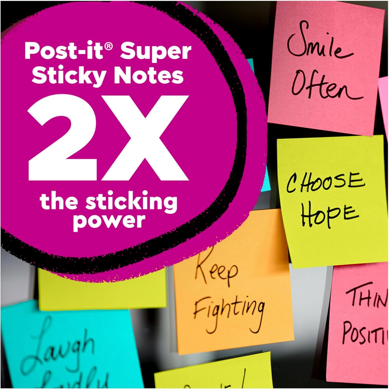 Post-it Super Sticky Notes, 3x3 in, 24 Pads, 2x the Sticking Power,Energy Boost Collection, Bright Colors (Orange, Pink, Blue, Green), Recyclable-2