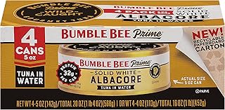 Bumble Bee Prime Solid White Albacore Tuna in Water, 5 oz Cans (Pack of 4) - Premium Wild Caught Tuna - 32g Protein per Serving - Non-GMO Project Verified, Gluten Free, Kosher