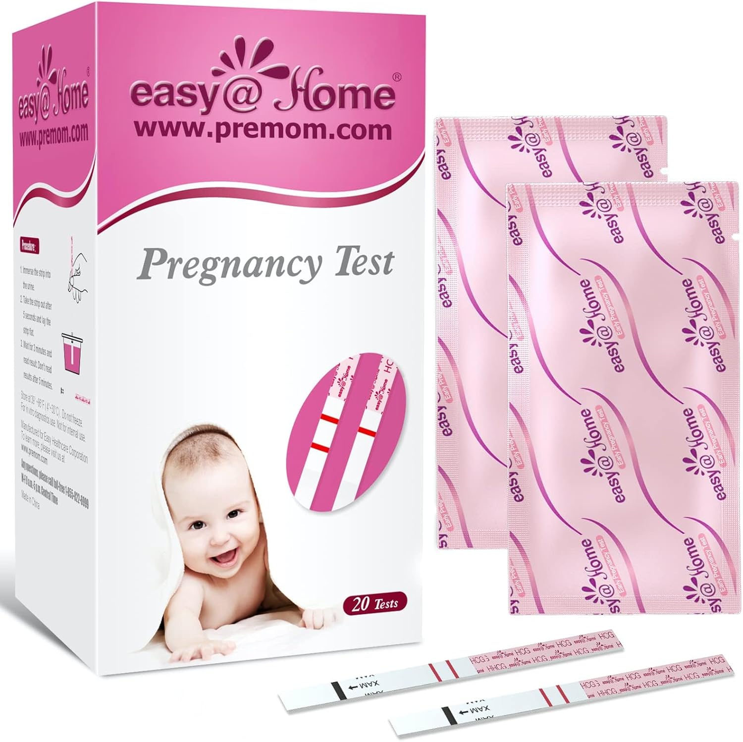 Easy@Home Pregnancy Test Strips Kit, 20 Pack Early Detection hCG Tests - Bulk Pregnancy Strips - Powered by Premom APP-0