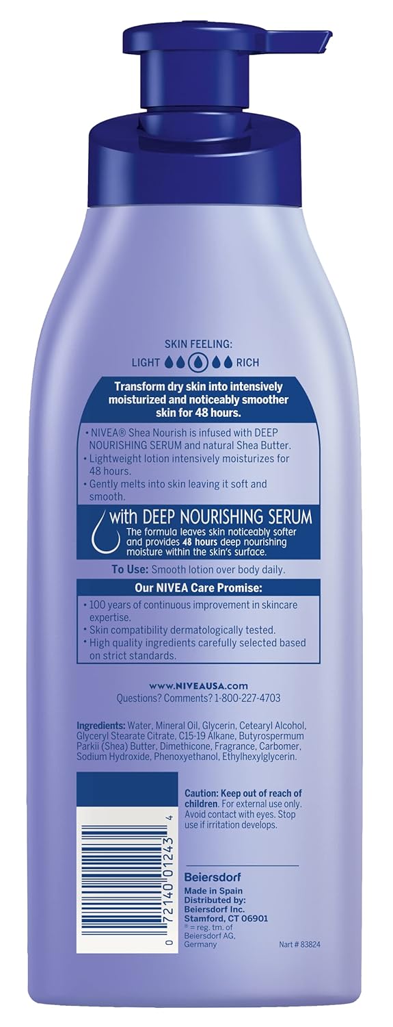 NIVEA Shea Nourish Body Lotion, 48-Hour Moisturizing Shea Butter Lotion for Dry Skin with Deep Nourishing Serum, 16.9 Fl Oz Pump Bottle-12