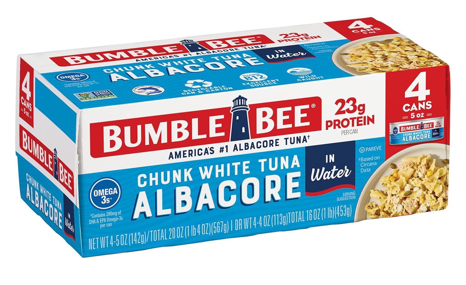 Bumble Bee Chunk White Albacore Tuna in Water, 5 oz Can (Pack of 4) - Wild Caught Tuna - 23g Protein per Serving, High in Omega-3s - Non-GMO Project Verified, Gluten Free, Kosher-0