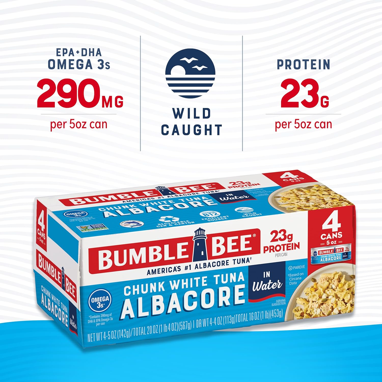 Bumble Bee Chunk White Albacore Tuna in Water, 5 oz Can (Pack of 4) - Wild Caught Tuna - 23g Protein per Serving, High in Omega-3s - Non-GMO Project Verified, Gluten Free, Kosher-1