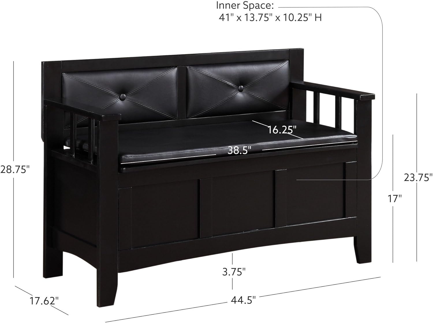 Linon Carlton Padded Bench, 44.5"W x 17"D x 30"H, Black-2