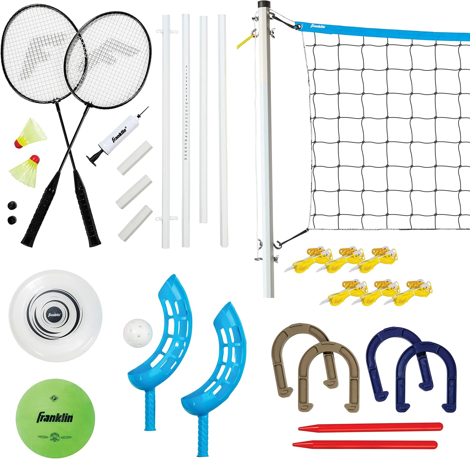 Franklin Sports Fun 5 Combo Outdoor Game Set - Backyard, Beach + Camping Games for Kids - Badminton, Volleyball, Flip Toss, Flying Disc - Horseshoes or Ring Toss-0